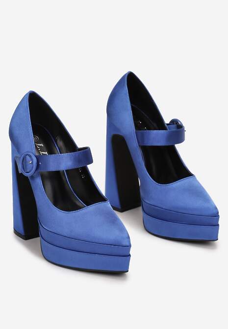 Niebieskie Czółenka Satynowe na Wysokim Słupku i Platformie Zoyi