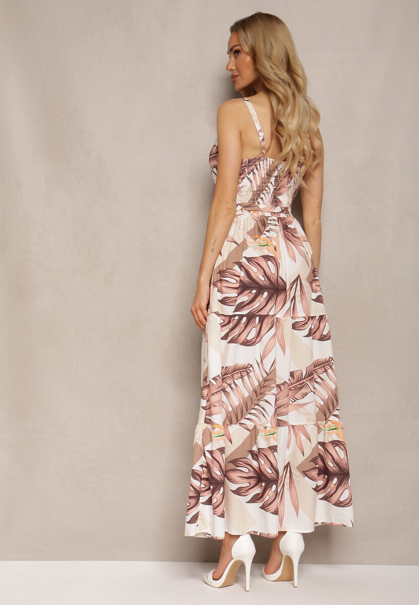 Beżowa Kopertowa Sukienka Rozkloszowana z Florystycznym Printem i Cienkimi Ramiączkami Jasara