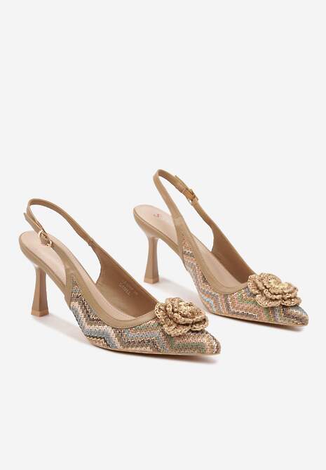 Brązowe Plecione Sandały na Szpilce z Odkrytą Piętą i Kwiatową Aplikacją Sillifia