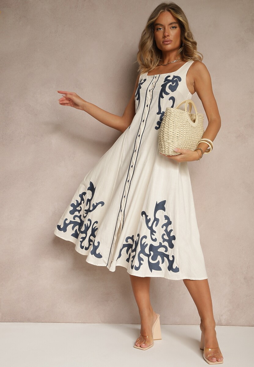 Beżowa Bawełniana Sukienka z Guzikami i Haftami Milonellea