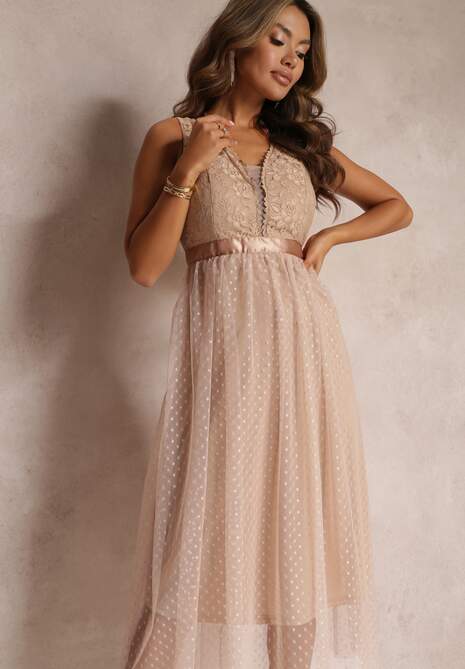 Ciemnobeżowa Tiulowa Sukienka Rozkloszowana z Koronką Phyvana