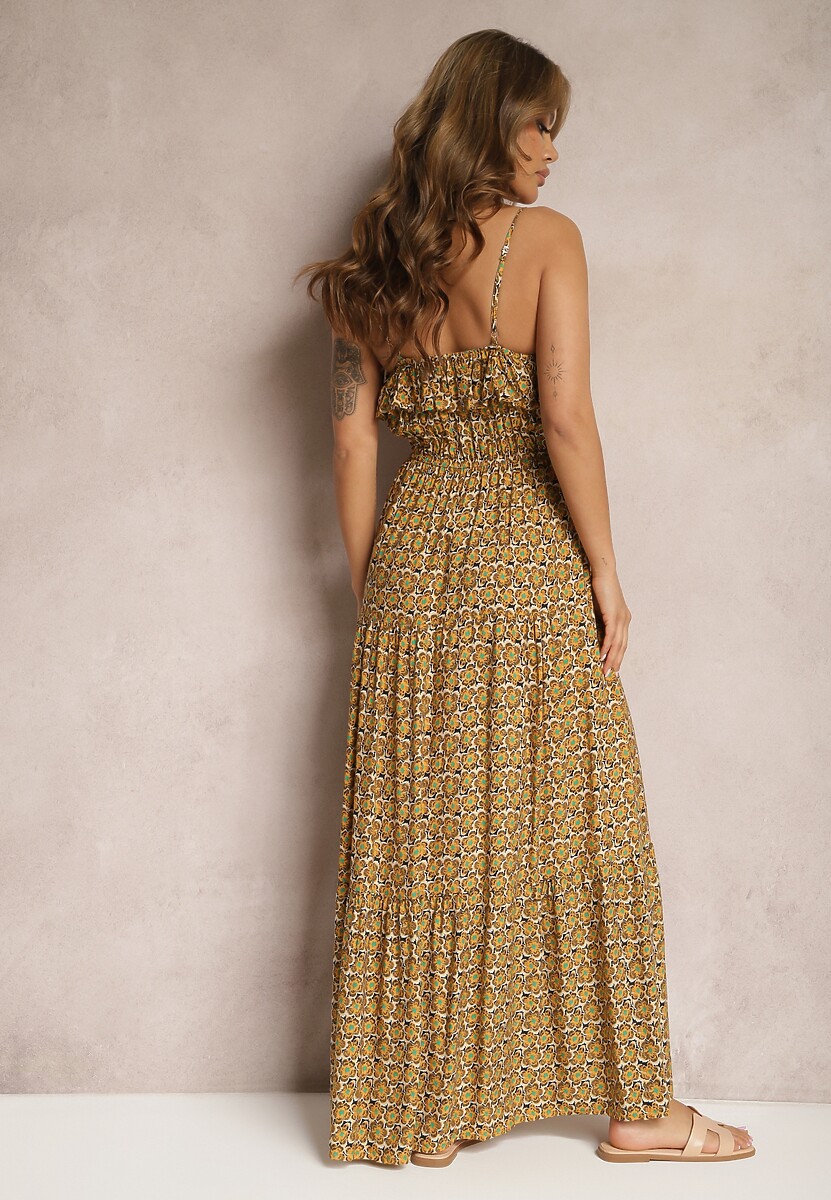 Żółta Rozkloszowana Sukienka z Wiskozy na Regulowanych Ramiączkach Wrinesa