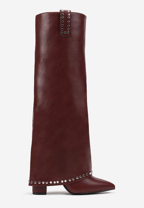 Bordowe Kozaki na Słupku Ozdobione Nitami i Wywiniętą Cholewką Verien