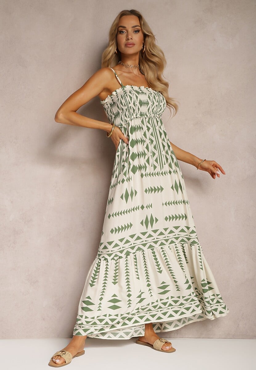 Beżowo-Zielona Sukienka z Wiskozy na Ramiączkach z Regulacją z Falbanką i Marszczeniem Nivalea