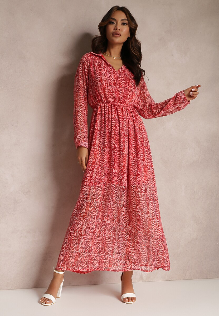 Czerwona Rozkloszowana Sukienka z Metaliczną Nitką i Sznurkiem Vivlit