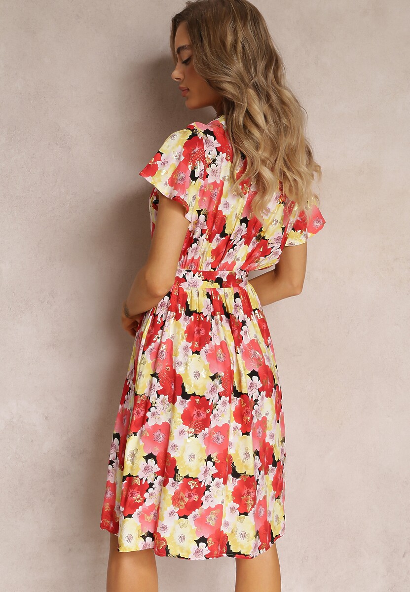 Czerwono-Żółta Rozkloszowana Sukienka z Kopertowym Dekoltem i Wiązanym Paskiem Kanges