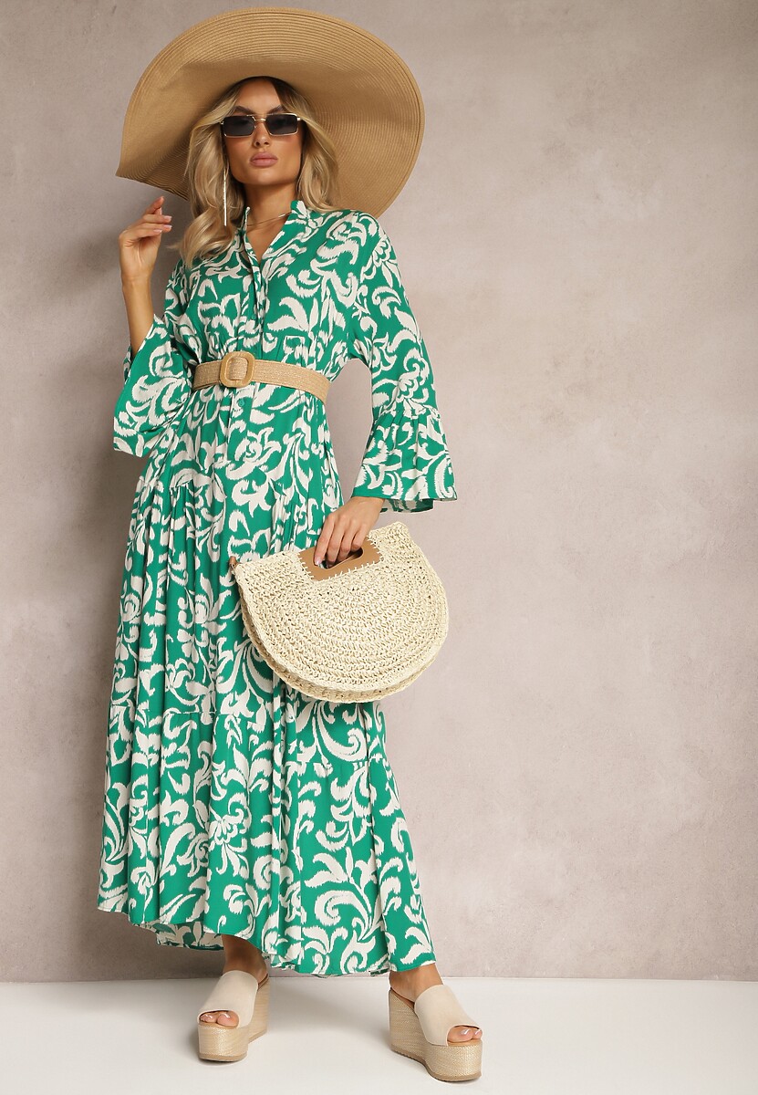 Zielona Rozkloszowana Sukienka z Wiskozy w Ornamentalny Wzór Irlilena