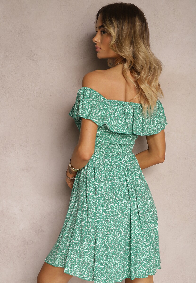 Zielona Kwiecista Sukienka Hiszpanka z Bawełny z Gumką w Pasie Nevima
