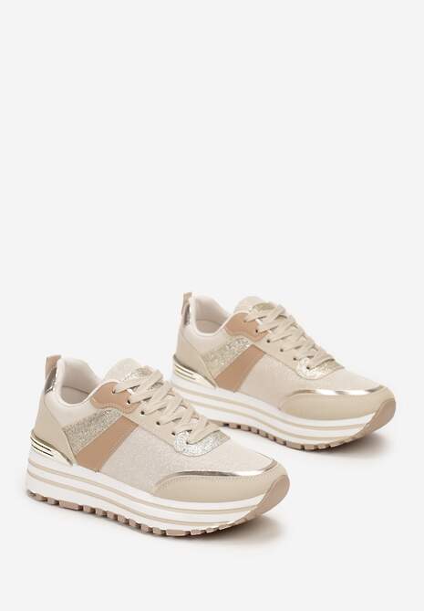 Beżowe Sneakersy z Brokatem na Ozdobnej Grubej Podeszwie Rilveia