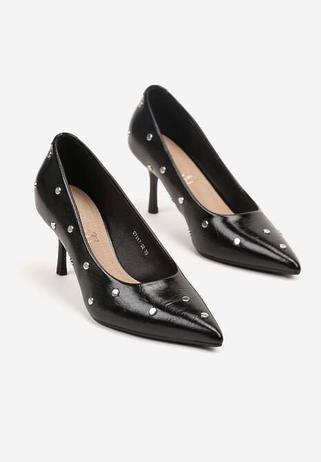 Czarne Czółenka Vices na Szpilce z Wkładką ze Skóry Naturalnej z Klamrą i Ćwiekami Riloria