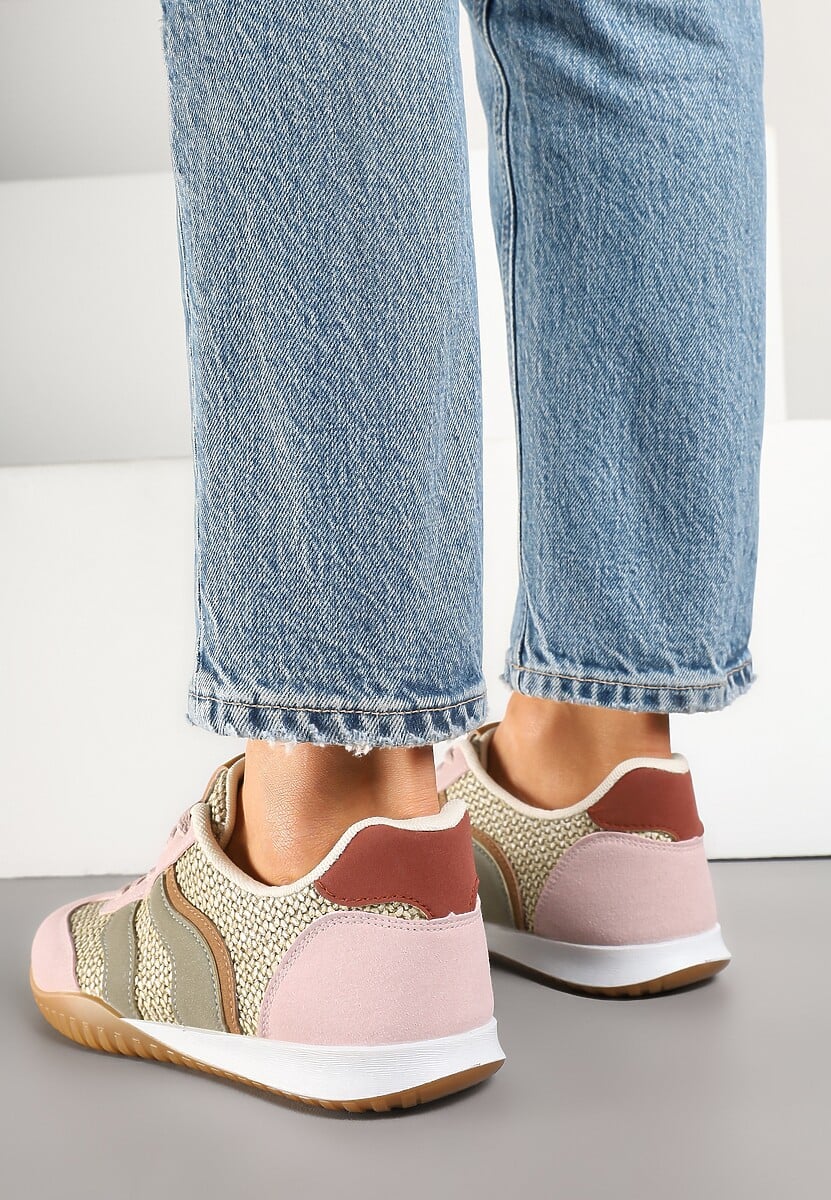 Różowo-Zielone Sneakersy z Geometrycznym Motywem i Plecionką Laniffia