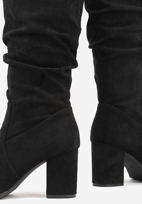 Czarne Kozaki na Słupku z Marszczoną Cholewką z Imitacji Zamszu Razialla