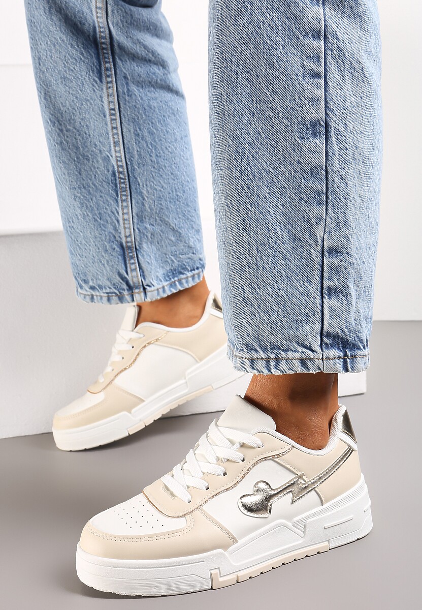 Beżowe Sznurowane Sneakersy na Grubej Podeszwie z Brokatowym Zdobieniem Anaieli