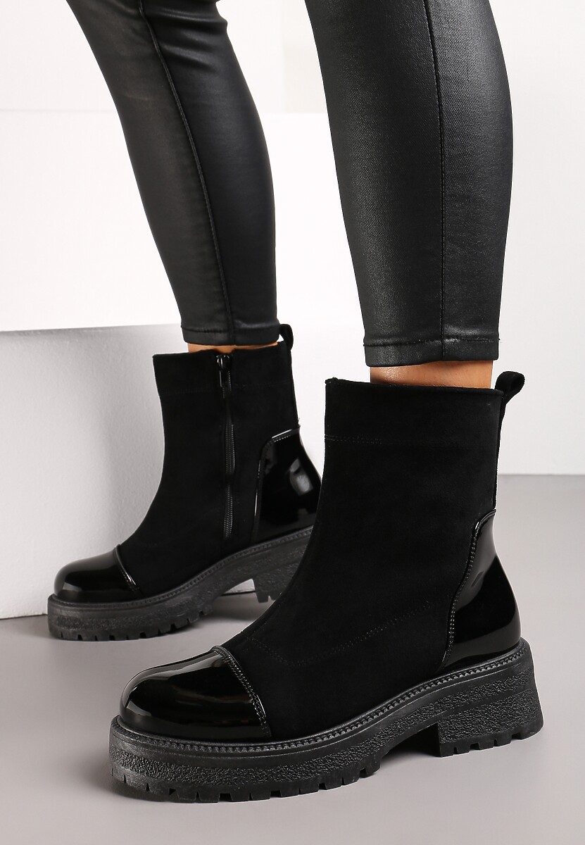 Czarne Botki na Grubej Podeszwie z Lakierowanymi Wstawkami Triestia