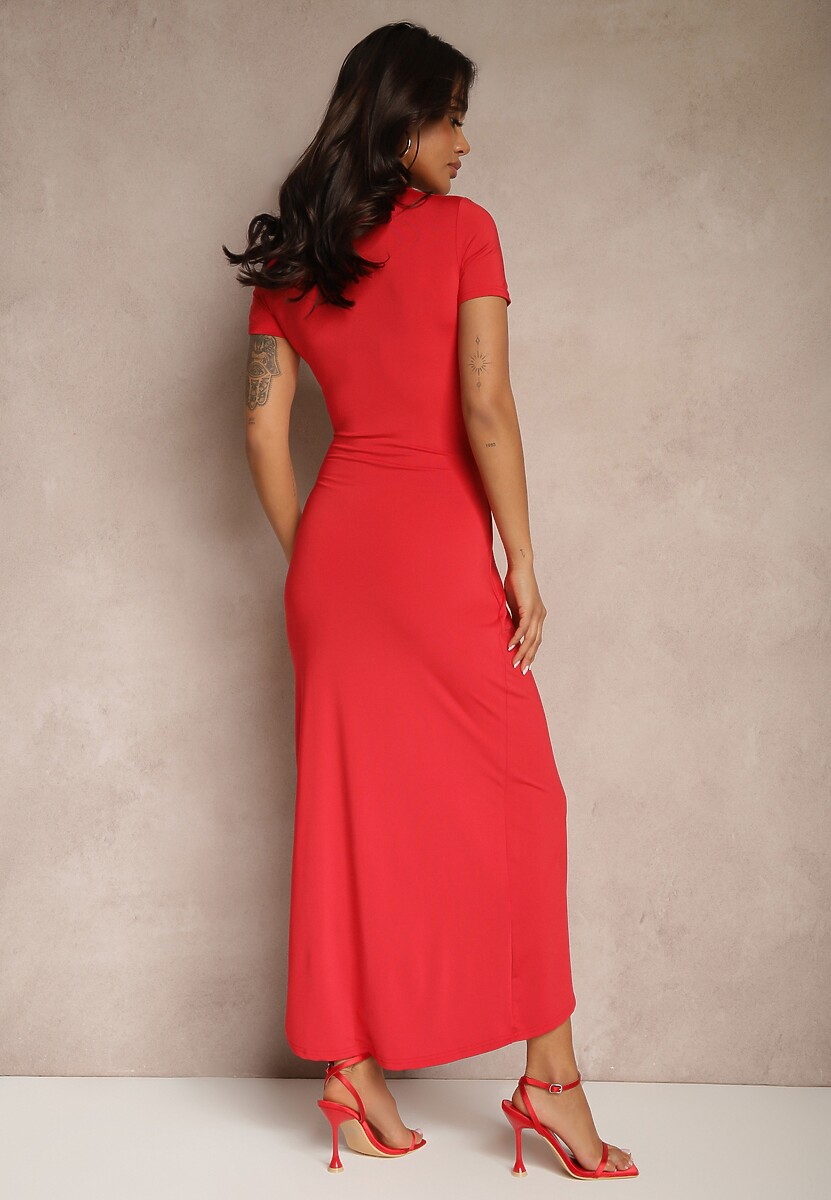 Czerwona Marszczona Sukienka Kopertowa z Wiskozą o Dopasowanym Kroju Natisse
