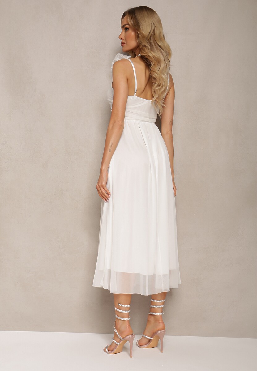 Biała Rozkloszowana Sukienka na Ramiączkach z Gumką w Pasie z Falbankami Zafara