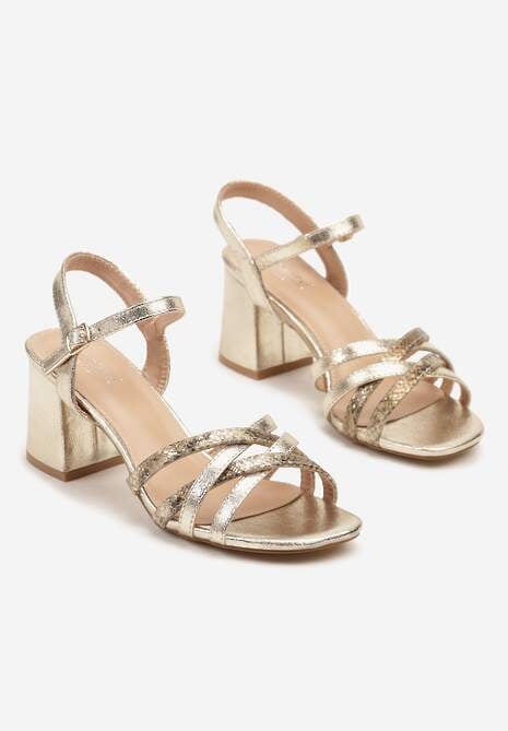 Złote Sandały na Słupkowym Obcasie z Ozdobnymi Paseczkami Telondra