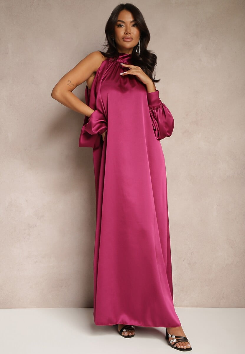 Fioletowa Koktajlowa Satynowa Sukienka z Odkrytymi Ramionami Tirreti