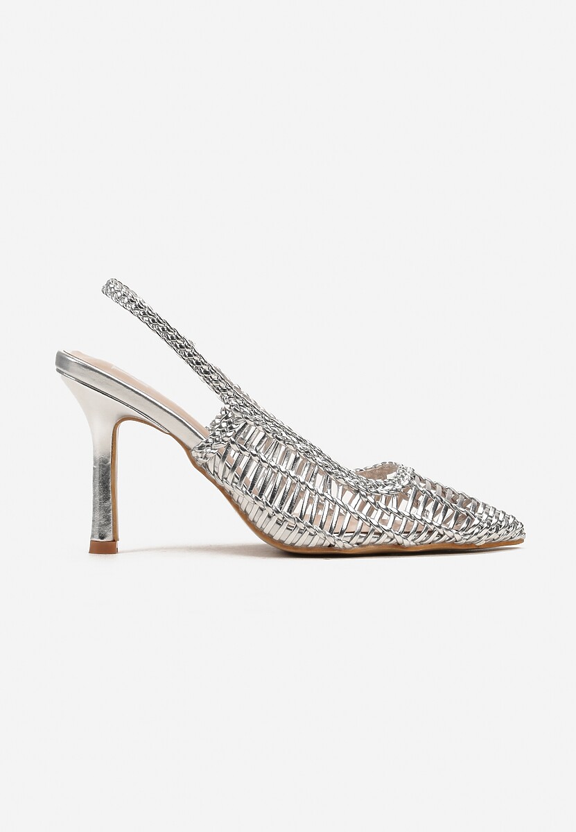 Srebrne Czółenka z Plecioną Cholewką na Szpilce i Szpiczastym Noskiem Letto