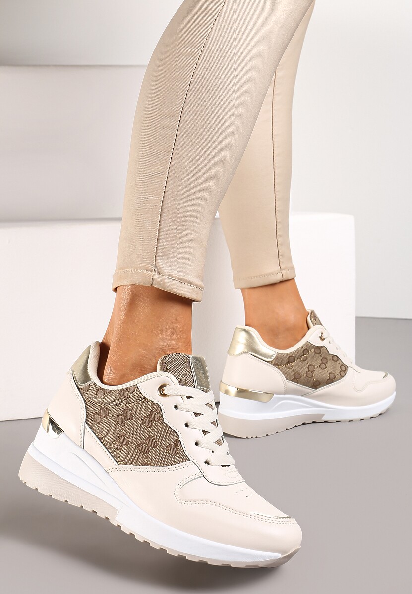 Beżowe Sneakersy na Koturnie z Metaliczną Wstawką Derine