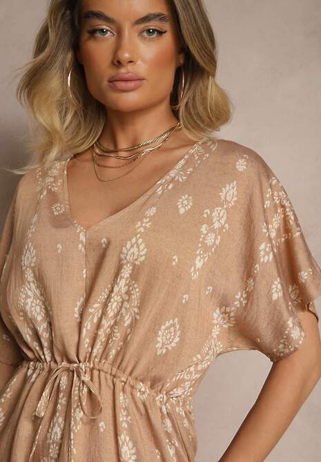 Ciemnobeżowa Rozkloszowana Sukienka z Falbanką w Print Boho z Wiskozą Tunova