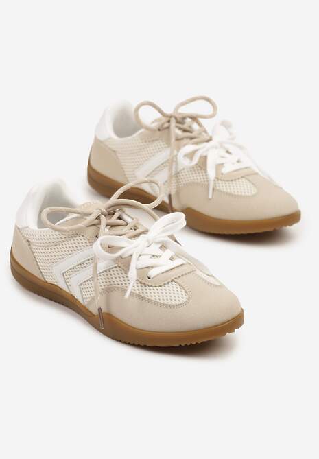 Beżowe Sneakersy w Stylu Tenisówek Ozdobione Geometrycznym Wzorem Teloriella
