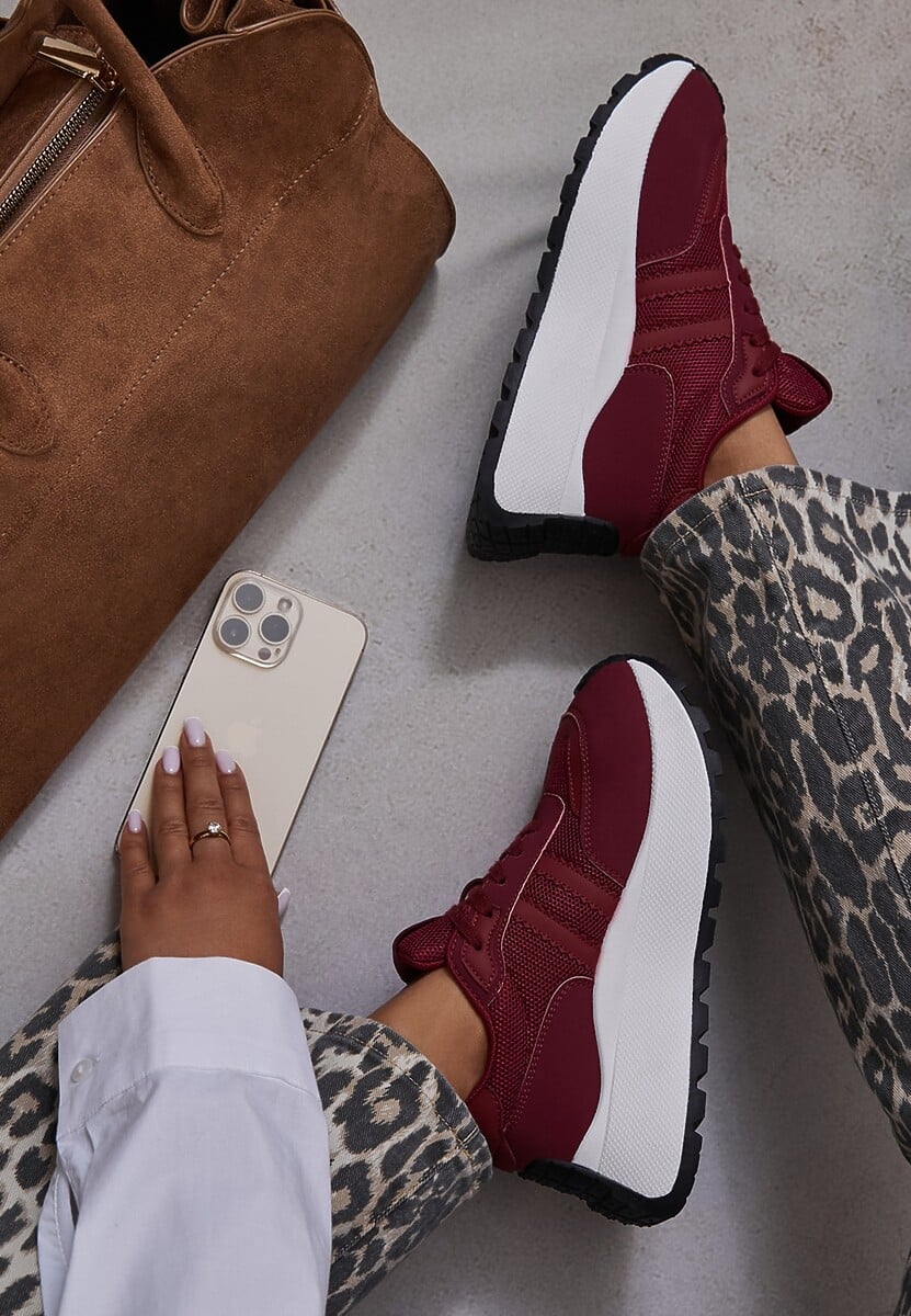 Bordowe Sznurowane Sneakersy Vices na Platformie z Ozdobnymi Paskami Seliniel