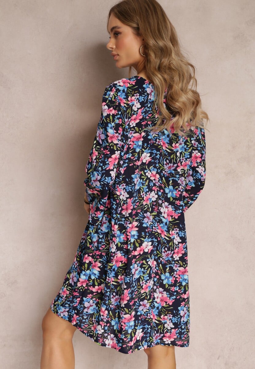 Granatowa Pudełkowa Sukienka w Kwiaty z Rękawem 3/4 Nata