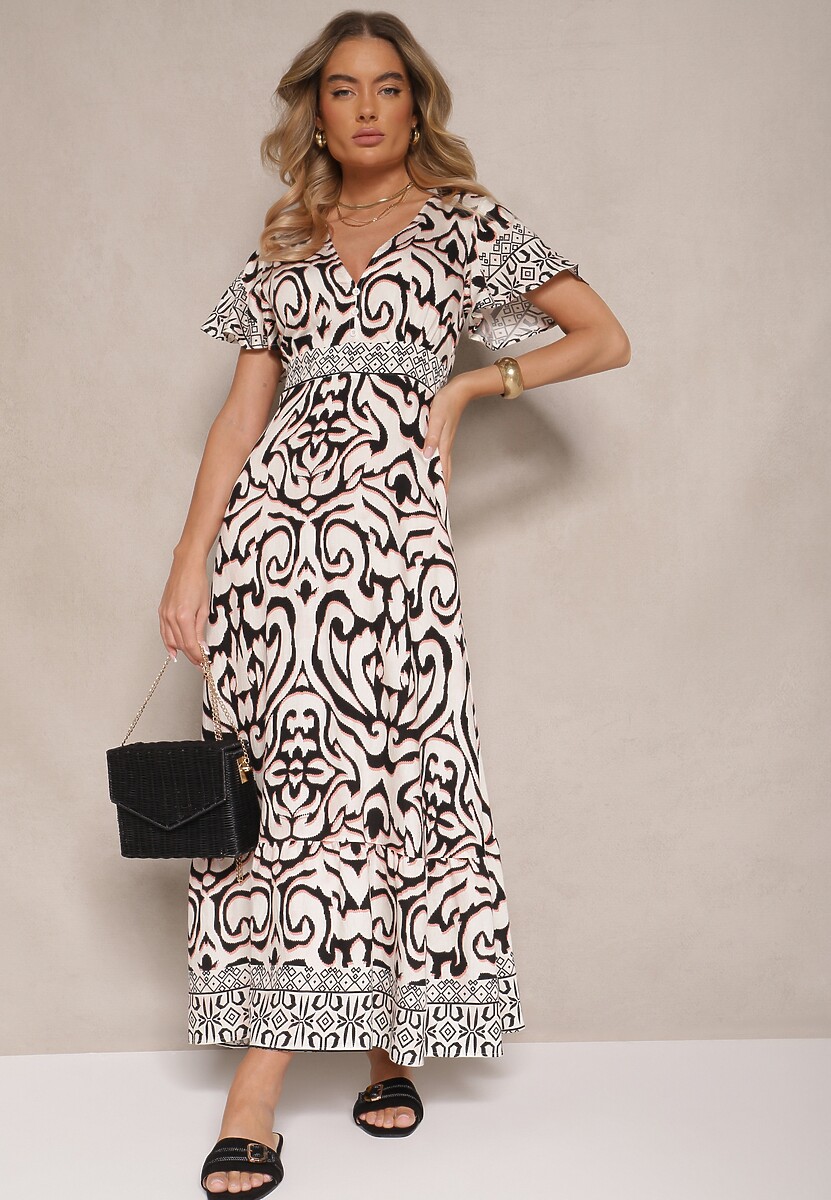 Czarna Rozkloszowana Sukienka Zdobiona Ornamentalnym Printem Tillinelle