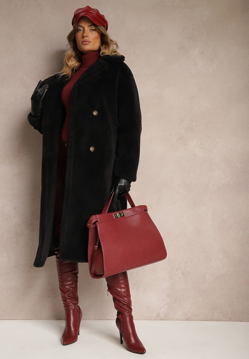 Czarny Dwurzędowy Płaszcz z Futerkiem Zelirra