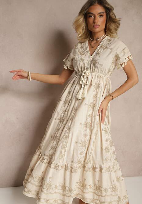Beżowa Rozkloszowana Sukienka Boho z Bawełny z Chwostami Haftami i Metaliczną Nicią Divirna
