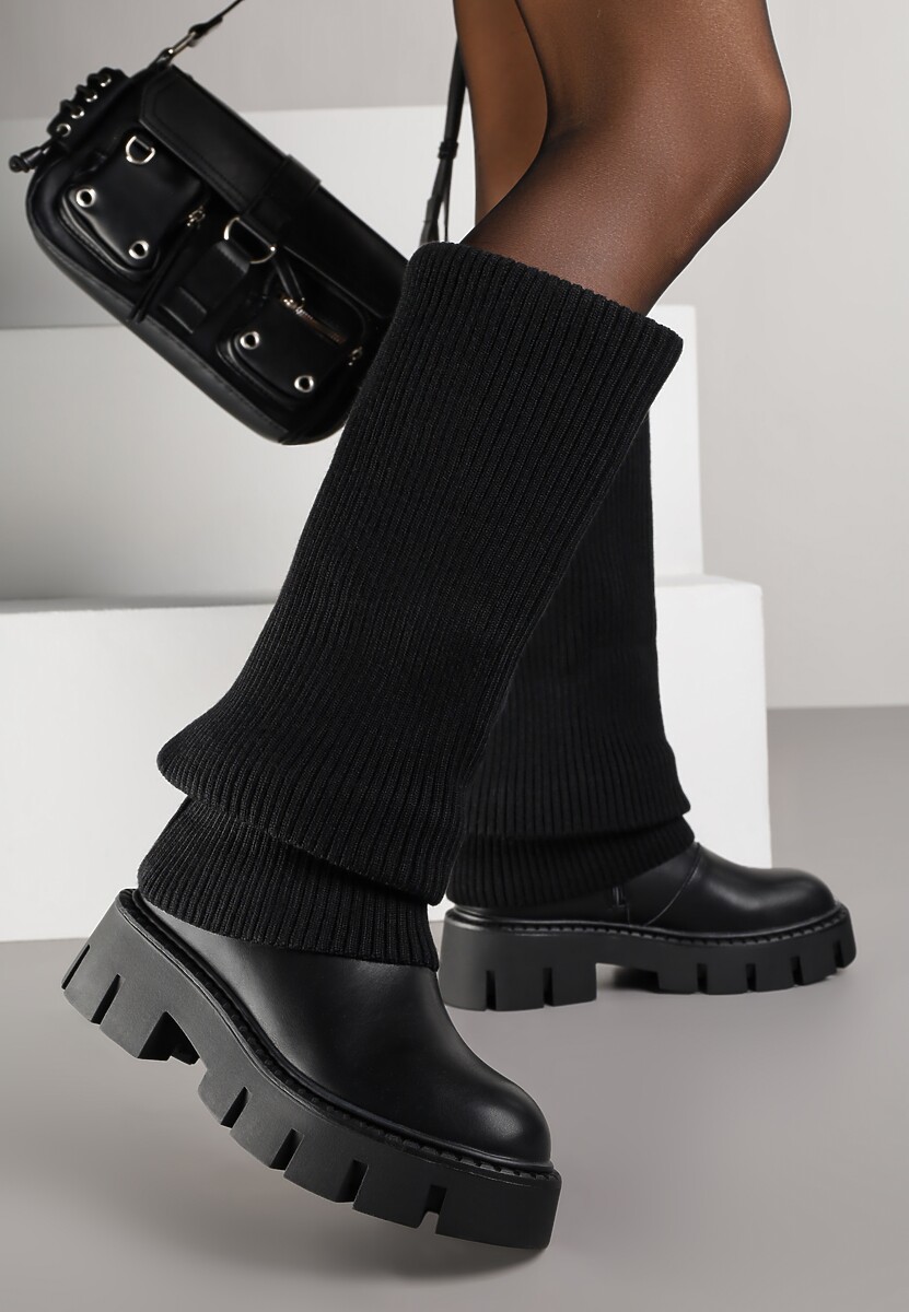 Czarne Kozaki Chunky z Dzianinową Cholewką Imitującą Nogawkę Fenema