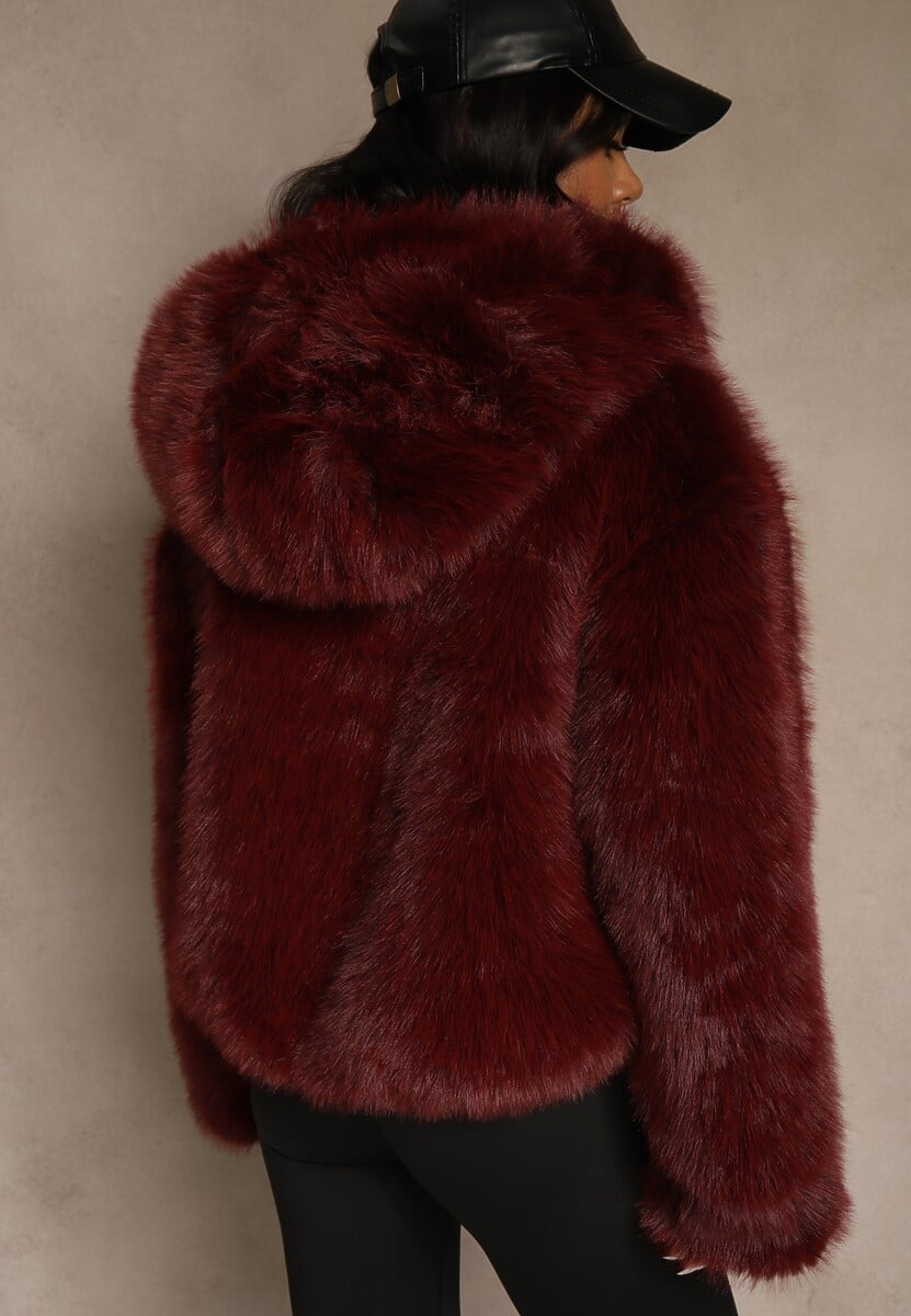 Bordowa Kurtka Futro z Nieodpinanym Kapturem Zetera