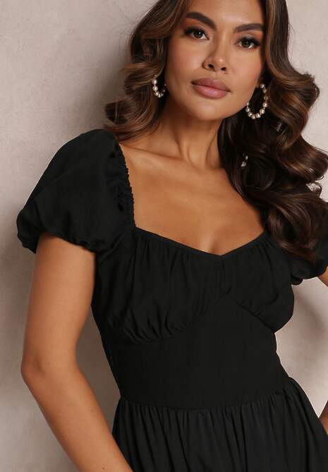 Czarna Taliowana Sukienka z Bufiastym Rękawem i Falbanką Jorasa