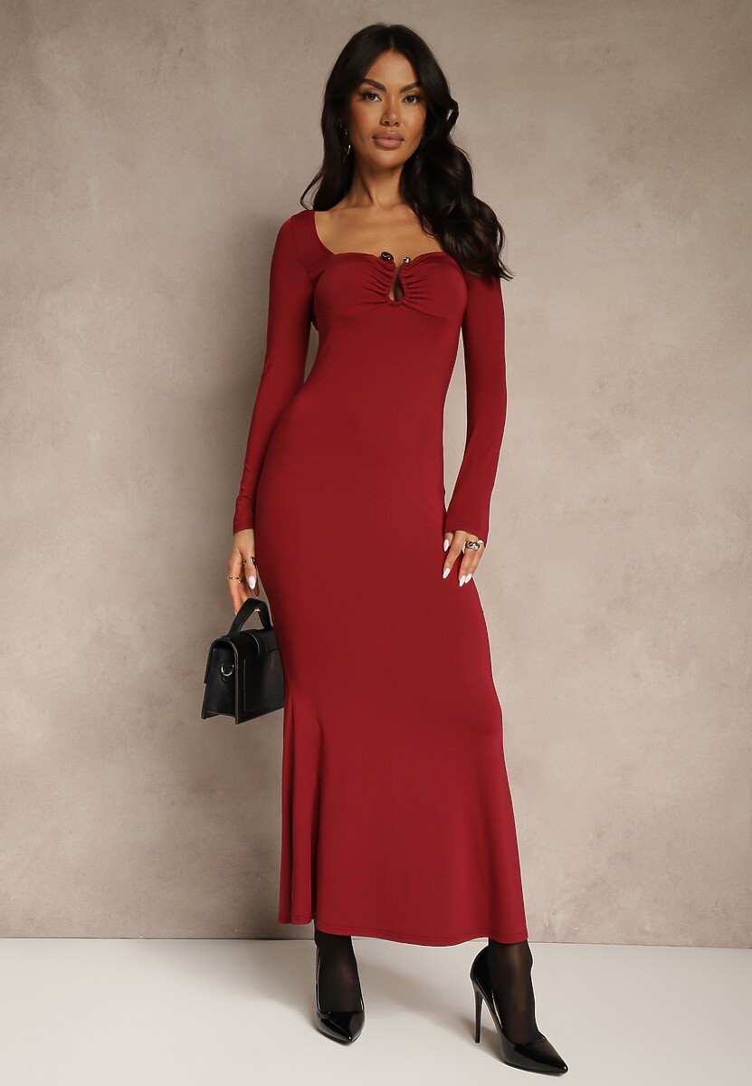 Brązowa Sukienka Koktajlowa z Wiskozą Ozdobiona Metaliczną Aplikacją Refane