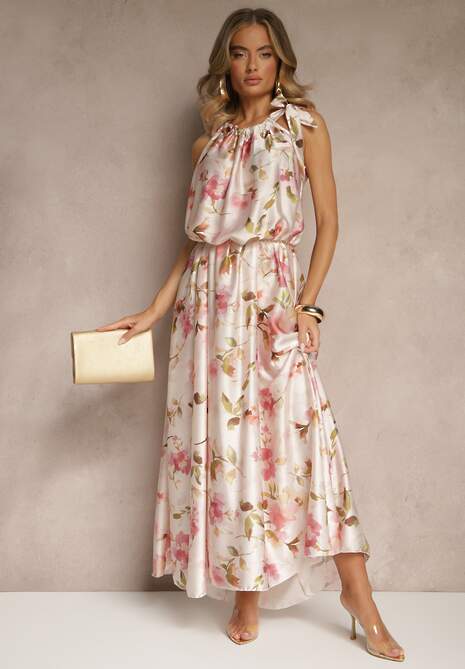 Różowa Sukienka z Satyny w Kwiatowy Wzór Fenimea