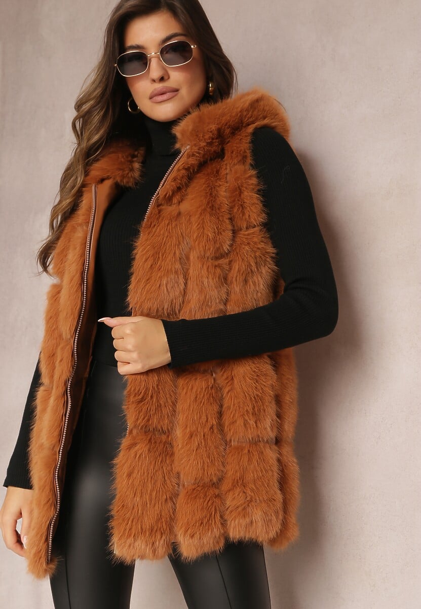 Żółta Futrzana Kamizelka z Kapturem Konessa