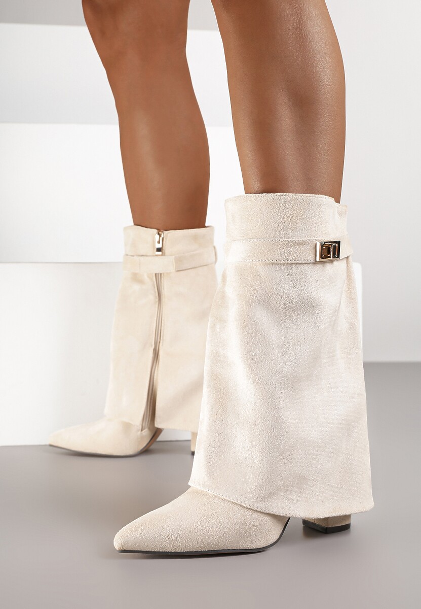 Beżowe Botki z Ekozamszu na Słupkowym Obcasie z Cholewką Imitującą Nogawkę Emmidre