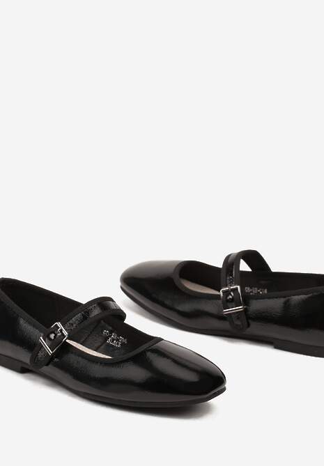 Czarne Balerinki Lakierowane na Płaskiej Podeszwie ze Skórzaną Wkładką Mary Jane Tinaia