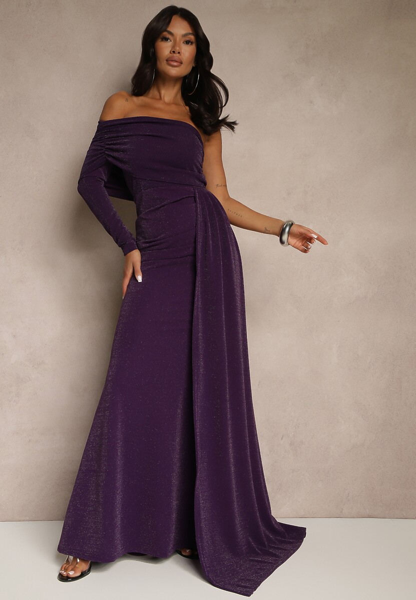 Czerwona Wieczorowa Sukienka Asymetryczna na Jedno Ramię z Trenem i Metaliczną Nicią Emivonia