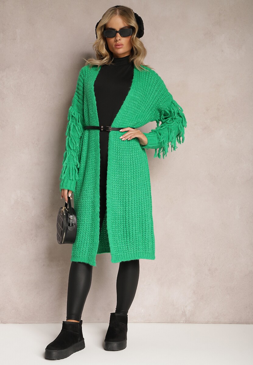 Jasnobeżowy Długi Kardigan Dzianinowy z Ozdobnymi Frędzlami i Paskiem Mesfin