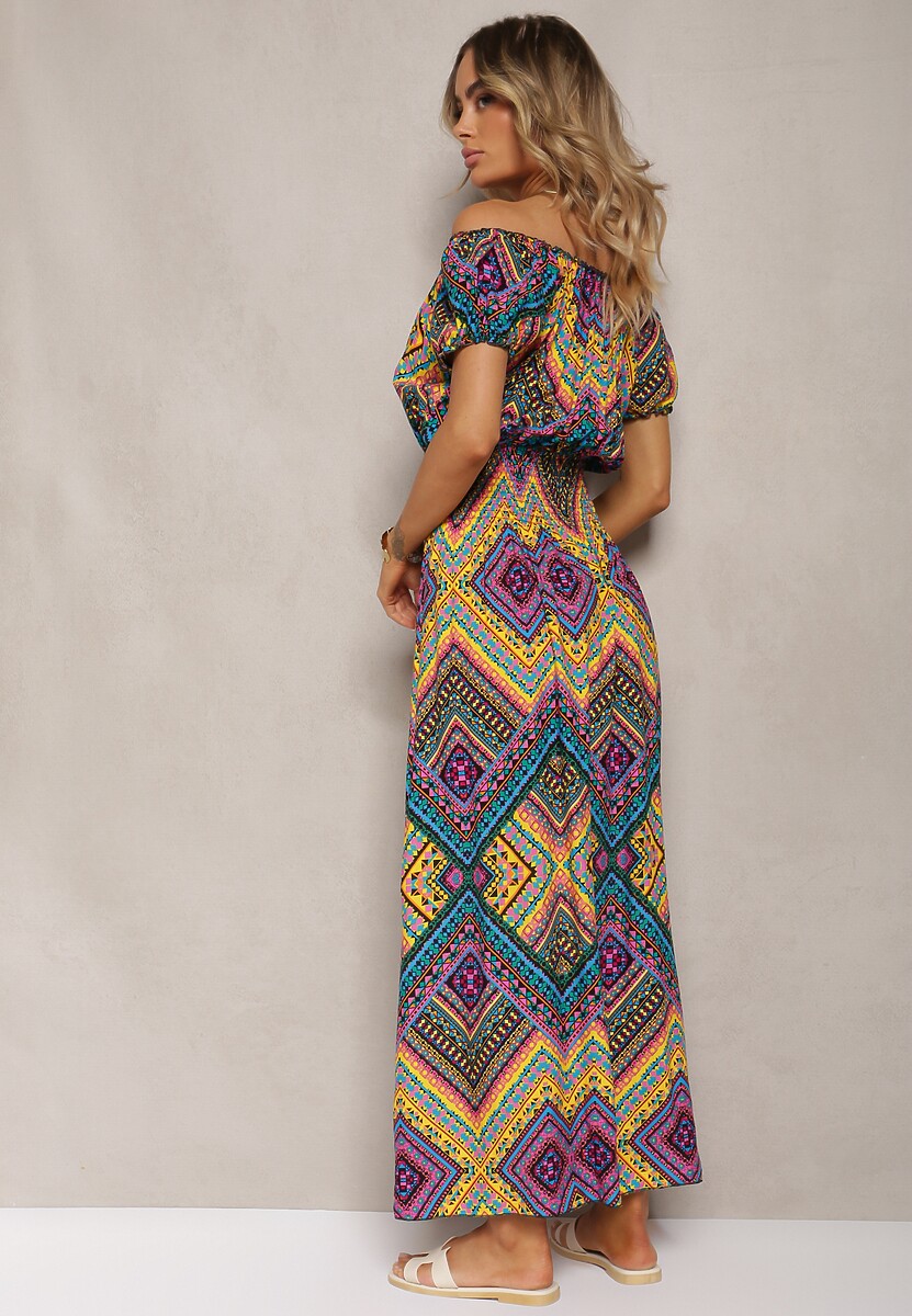 Żółto-Fioletowa Rozkloszowana Sukienka z Bawełny z Gumką w Talii Xenetta