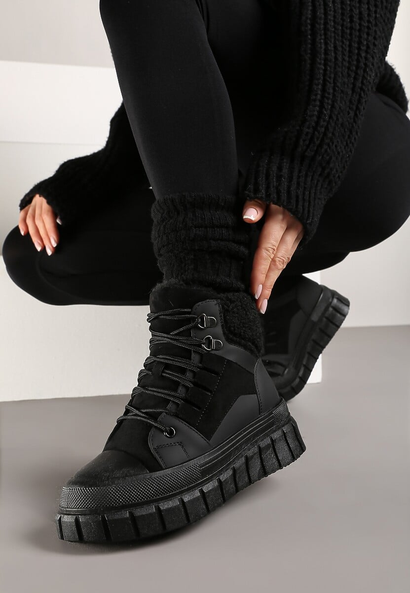 Czarne Botki na Grubej Podeszwie z Futerkiem Nemda