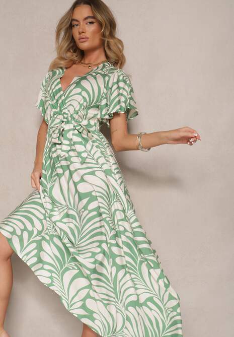 Zielona Kopertowa Sukienka z Wiskozy Zdobiona Printem z Motywem Roślinnym Dinea