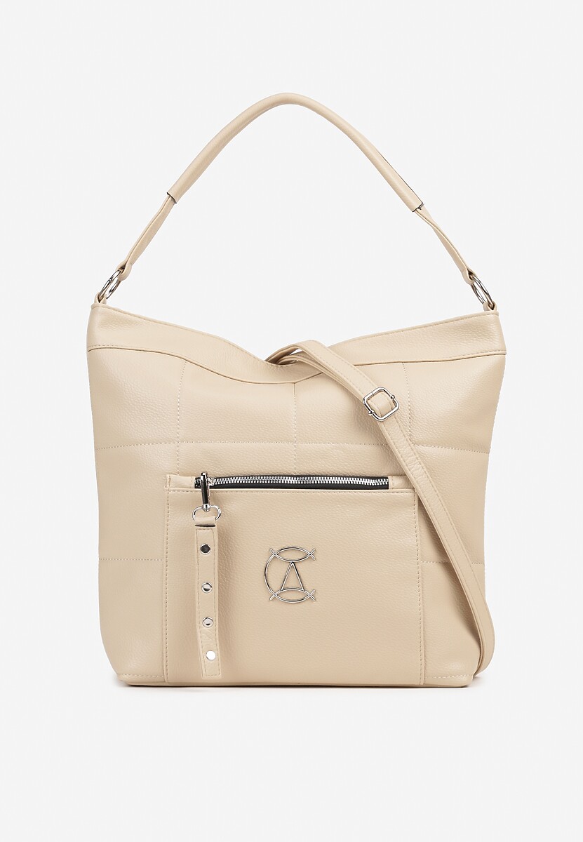 Jasnobeżowa Pikowana Torebka w Stylu Shopperki z Metaliczną Ozdobą Lanovara