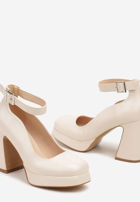 Beżowe Czółenka na Platformie i Stożkowym Słupku z Ozdobnym Paskiem Firirya