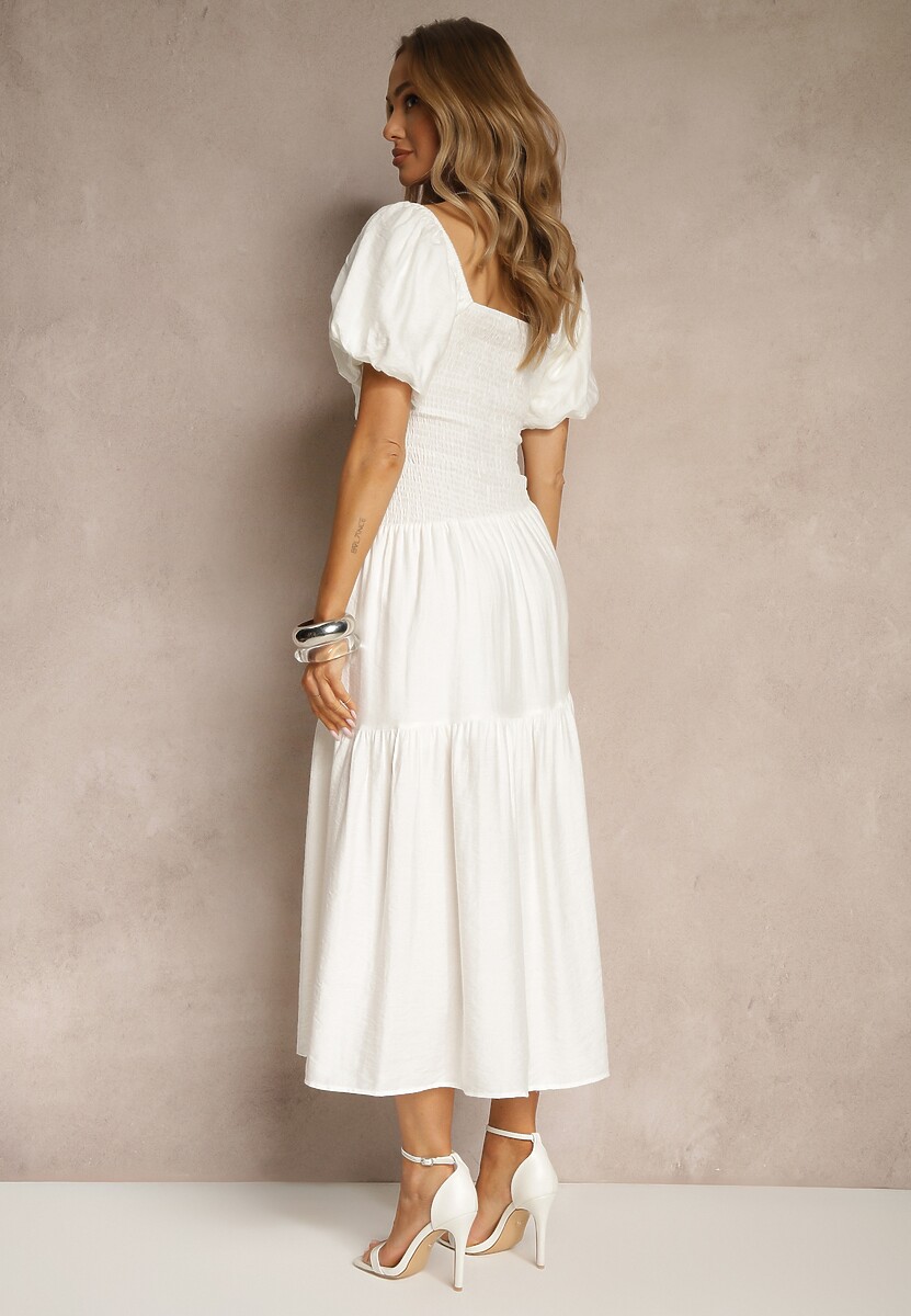Biała Sukienka Wiskozowa Drapowana z Rozkloszowanym Dołem Naprine