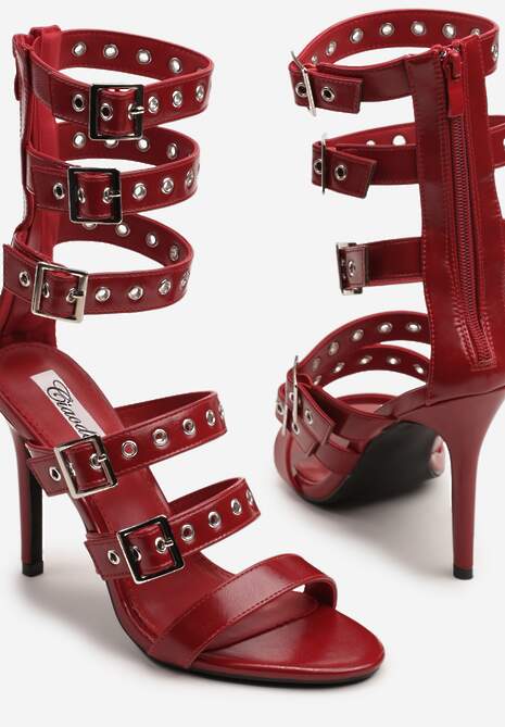 Bordowo-Czerwone Sandały na Szpilce Ozdobione Nitami i Klamrami Dovissa