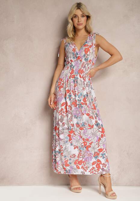 Biało-Różowa Kwiecista Sukienka z Gumką w Talii i Trójkątnym Dekoltem Vialessia