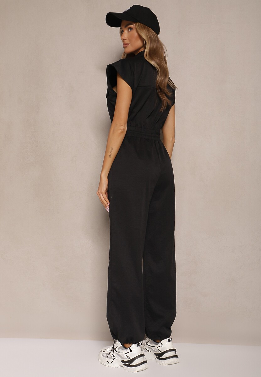 Czarny Kombinezon z Krótkim Rękawem i Kołnierzykiem Zapinany na Suwak Soveldi